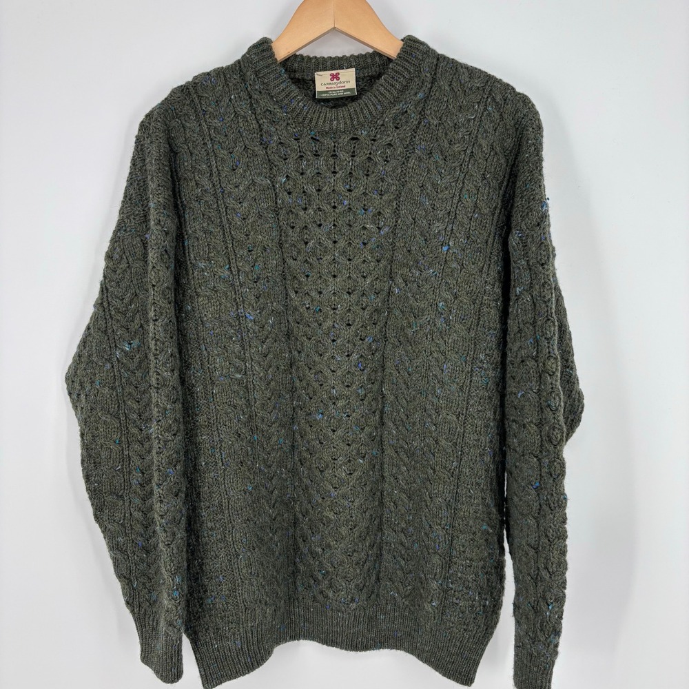 Carraig Donn Aran Cable Knit Wool Donegal Flecked Sweater Mens M Green Irish